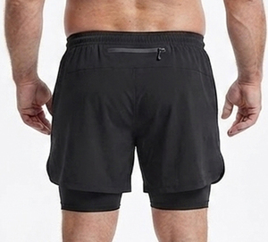 Men Plus Size Double <b>Layer</b> Shorts Gym Fitness Wear Drawstring Waist Compression Dual Shorts Back Zipper Pocket Running Shorts - Product Image 2