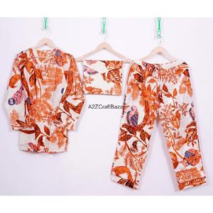 Conjunto de Pijama de Lujo Hecho a Mano 100% Algodón con Estampado Floral para Mujer, Manga Tres Cuartos, Cuello en V, Largo Completo, Cintura Elástica, Suave - Product Image 1