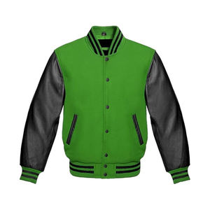 Veste de style universitaire pour homme, vert lime et noir, manches en simili cuir, bordure côtelée rayée, boutons pression, streetwear urbain tendance - Product Image 2