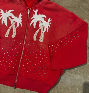 Sweat-shirt à capuche zippé rouge pour homme, imprimé palmiers et strass, en molleton bouclette, coupe oversize, décontracté, pour l'été - Product Image 4