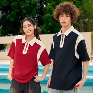 Polo Casual de Manga Corta para Parejas, Estilo Japonés Simple, 240 Gramos, Diseño Geométrico en Contraste en el Hombro, para Hombre, Primavera-Verano - Product Image 5