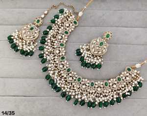 Ensemble collier et boucles d'oreilles PingBling Premium plaqué or vert menthe Kundan avec perles, bijoux de mariée indiens traditionnels - Product Image 1