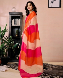 Sari en lin prêt-à-porter KV à imprimé floral, imprimé géométrique, imprimé pour tous les jours - Product Image 6