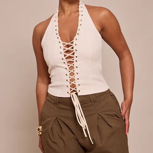 High Quality Faux Suede Women's Beige Halter Corset Top Lace-<b>Up</b> Front Tummy Control Shapewear Breathable Daily Wear Women Top - Product Image 1
