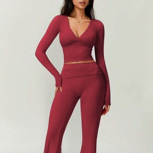 Long Sleeve V Neck 2-Piece Yoga <b>Set</b> Built-in Bra Ruched Waist Flared Pants Slim Fit Breathable Lightweight Stretchy Sportswear - Product Image 1