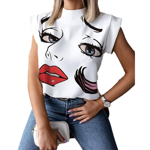 Top corto con estampado de dibujos animados para mujer, jersey de cuello alto con manga corta, sin mangas, blanco, informal, para primavera y verano - Product Image 1