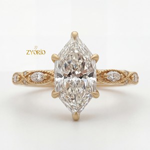 แหวนหมั้นเพชรทรงมาร์คีส์วินเทจ เพชรเลี้ยงในห้องปฏิบัติการ ทองคำแท้ 14K แหวนแต่งงานสำหรับผู้หญิง สไตล์โบราณ เครื่องประดับชั้นดีสำหรับงานปาร์ตี้ - Product Image 5
