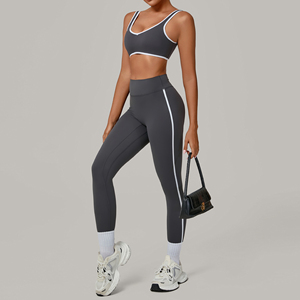 2026 Premium Women's Yoga Set High Waist Leggings Seamless 2 Piece Gray Spandex Polyester Workout Crop Top Full Length - Product Image 6