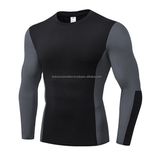 Camiseta de compresión deportiva de manga larga de Color puro para hombre, cuello personalizado, tejido elástico de punto, pantalla de seda, venta al por mayor, patrón sólido - Product Image 1
