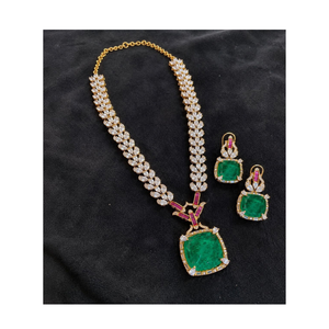 Gold Plated <b>Green</b> Emerald Look Necklace <b>Set</b> with Matching Earrings Square Pendant Fashion <b>Jewellery</b> for Wedding Party Wear - Product Image 3