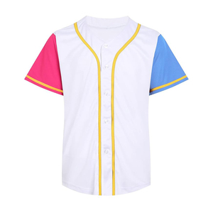 เสื้อเบสบอลแบบใหม่มาใหม่ ทรงยูนิเซ็กซ์ สีขาว แต่งแขนเสื้อสีชมพูและสีน้ำเงิน ขอบสีเหลือง ติดกระดุมด้านหน้า แขนสั้น - Product Image 1