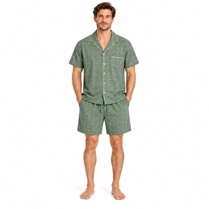 Ensemble de pyjama en rayonne à carreaux pour homme, manches courtes, boutonné, tenue de nuit et de détente, toutes saisons, avec short assorti, vert - Product Image 1