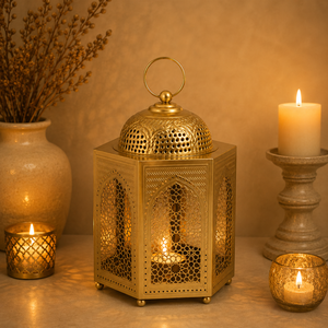 Vintage Gold Metal <b>Moroccan</b> <b>Lantern</b> with Intricate Cutwork Candle Holder for Ramadan Wedding Home Table Decor - Product Image 1