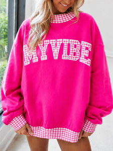 Sweat-shirt personnalisé OEM pour femme avec applique lettre, motif écossais color block, pull col rond à manches longues, style décontracté streetwear - Product Image 1