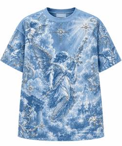 Custom Oversized Rhinestone Angel Graphic T <b>Shirt</b> <b>Men</b> Vintage Baroque Print Drop Shoulder Streetwear OEM Wholesale - Product Image 5
