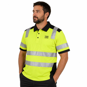 Polo de travail jaune haute visibilité réfléchissant avec bordure noire et poche poitrine, espace pour logo personnalisé - Product Image 1
