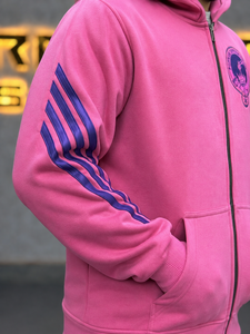 <b>Pink</b> Men's Hooded Zip-Up Sweatshirt Oversized Fleece Striped Sleeves Front Logo Casual Style Streetwear Style Mens Zipper <b>Hoodie</b> - Product Image 5