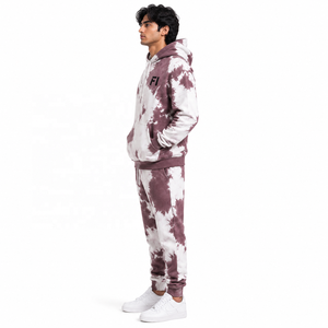 Sudadera con capucha y pantalón de chándal de felpa con hombros caídos y efecto tie-dye, 100% algodón, corte holgado, transpirable, conjunto deportivo informal, proveedor mayorista - Product Image 4