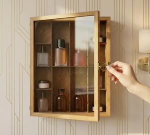 Wooden Wall Mounted Bathroom <b>Cabinet</b> with Glass Door 10 Shelf Storage <b>Rustic</b> Design Brass Handle - Product Image 4