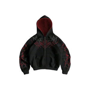 Sudadera con Capucha y Cremallera para Hombre, Estilo Gótico, Estampado Tribal Negro y Rojo, Corte Regular, Felpa Francesa, para Otoño - Product Image 1