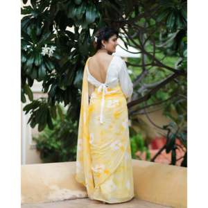 Sari en mousseline jaune citron imprimé numériquement, léger, style bohème, pour fêtes, mariages, plage, cérémonies, ethnique indien, pour femme, de créateur - Product Image 2