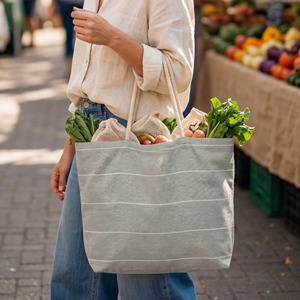 Bolsa de Moda de Algodón Tejida a Mano con Rayas, Reutilizable, Ecológica, para el Mercado, con Doble Asa, para Mujer - Product Image 2