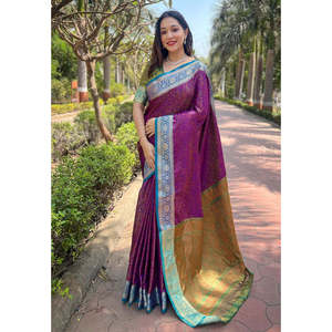 Sari en soie cachemire douce violette tissé avec des fils zari contrastés, robes de soirée élégantes - Product Image 3