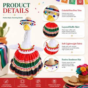Porch Goose Clothing Mexican Fiesta Costume Pom <b>Dress</b> Straw Sombrero Yard Garden Statue Holiday Decor Ornament - Product Image 2