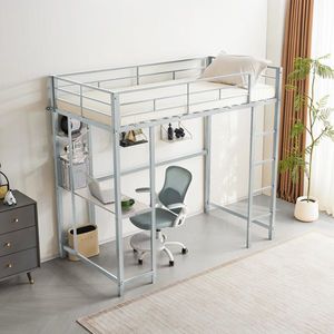 Robusto Letto a Soppalco in Ferro/Acciaio per Letto Singolo con Scrivania, Ripiani Portaoggetti, 2 Scale e Sponde di Sicurezza per Adolescenti/Giovani - Product Image 5