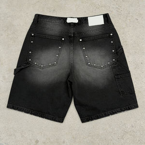 Shorts de mezclilla selvedge de 12 oz estilo Y2K, lavado vintage, dobladillo sin rematar, por encima de la rodilla, corte retro holgado, fabricante OEM, mezclilla negra. - Product Image 2