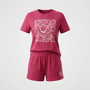 Ensemble décontracté pour femmes, t-shirt à manches courtes en coton imprimé rose et short au-dessus du genou, vêtements décontractés pour le printemps et l'été - Product Image 1