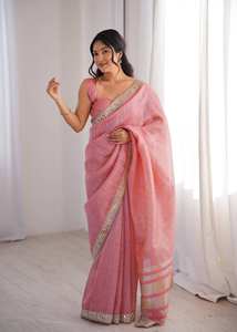 Sari de Algodón de Diseño con Bordado Jari Dori, Trabajo de Espejo Real y Borde de Encaje Elegante con Blusa sin Coser - Product Image 3