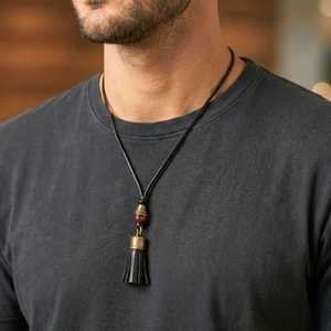 Fashion Necklace for Men-Adjustable Pure Leather Cord with Tassel Pendant - Product Image 1
