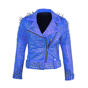 Blouson de moto en cuir PU bleu style punk pour homme, coupe ajustée, décoré de rivets, fermeture éclair, col rabattable, idéal pour l'automne - Product Image 1