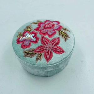 Floral Wholesale Luxury Velvet Wood <b>Fabric</b> Jewelry <b>Box</b> Organizer <b>Storage</b> Necklace Ring Hand Beaded Embroidered Customized Color - Product Image 1