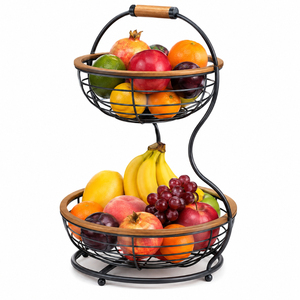 Panier à fruits en fil métallique à 2 niveaux avec support pour bananes et poignée en bois, étagère de rangement pour légumes sur comptoir pour l'organisation de la cuisine - Product Image 1