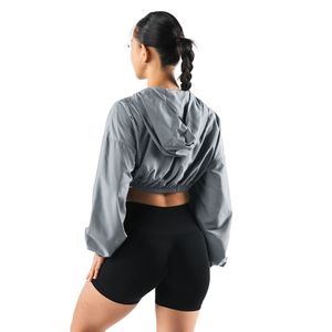 Women's Silver Gray Cropped Windbreaker <b>Jacket</b> Lightweight Full Zip Running <b>Workout</b> Gym Activewear Long Sleeve Sports <b>Jacket</b> - Product Image 6