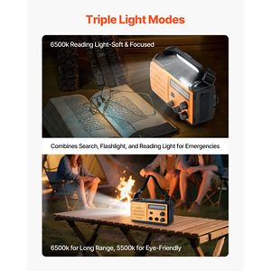 Radio meteorologica di emergenza con batteria da 8000 mAh e schermo LCD, allerta FM/AM/WB/NOAA, ricarica solare e a manovella, ricarica USB/Type-C, funzione SOS - Product Image 5