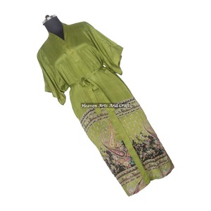 KL011 Winter Autumn Beach Vintage Women's Colorful Floral Print Holiday Boho Loose Long <b>Silk</b> Sari Kimono Nightgown Quick Dry - Product Image 4