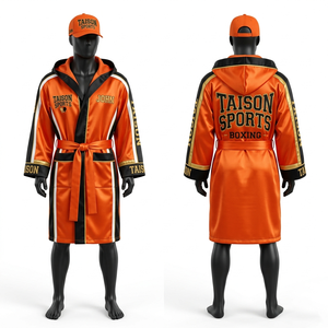 Robe de boxe en polyester satiné premium 220 GSM, noir et gris avec bordure contrastée, broderie par sublimation, logo personnalisé - Product Image 5