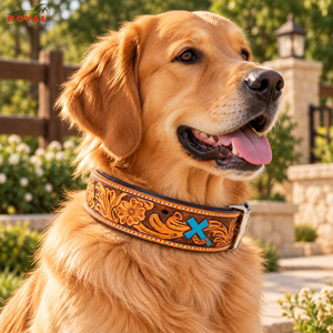 Collar de Perro de Cuero Repujado Estilo Western con Diseño Floral Cruzado y Forro Acolchado |   Collar Ajustable para Mascotas con Hebilla Metálica Hecha a Mano - Product Image 3