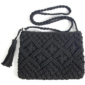 Wholesale Womens Handmade Black Macrame Shoulder Bag Cotton Woven Crossbody Purse with Tassel Trim and <b>Zip</b> Closure - Product Image 1