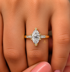 Custom 14K Pure Gold IGI Certified 1.00 ct Marquise Cut Lab Grown Diamond Tapered Baguette Engagement Ring Wedding Ring Gifts - Product Image 2