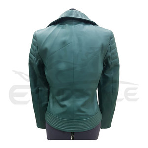 Veste moto élégante pour femme en toile et cuir d'agneau vert myrte, manches matelassées, fermeture éclair intégrale, imperméable, coupe-vent, automne-hiver - Product Image 2
