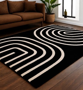 Tapis rectangulaire moderne beige avec bordure marron, en laine et acrylique, tufté, antidérapant, pour salon, tapis moderne de haute qualité - Product Image 3