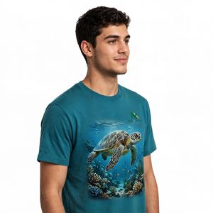 NEXTEX Camiseta unisex con estampado de tortuga marina y arrecife de coral, color verde azulado, de algodón suave, cuello redondo, informal - Product Image 3