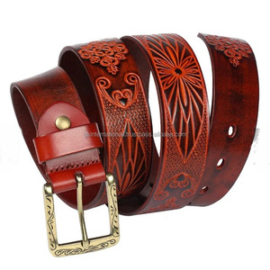Ceinture en cuir véritable en gros d'usine ceinture d'outillage en cuir occidental à la mode en relief floral décontracté boucle en métal de conception de cowboy - Product Image 3
