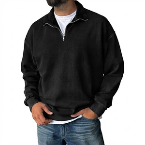 Sweat-shirt en molleton noir pour homme, coupe classique, couleur unie, col rabattu, tricoté, manches longues, vêtement d'automne - Product Image 4