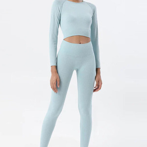 Conjunto de Yoga Acanalado de 2 Piezas: Leggings de Cintura Alta y Top Corto, Ropa Deportiva de Color Liso, Spandex y Poliéster Sin Costuras, Largo Completo - Product Image 3