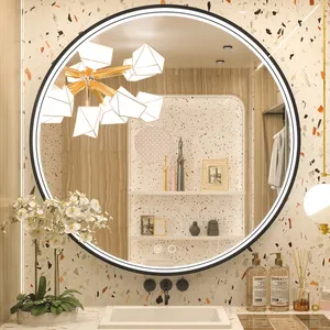 Modern Circular Glass Wall Mirror With <b>LED</b> <b>Light</b> For Bathroom Decor Abstract Geometric Design - Product Image 1
